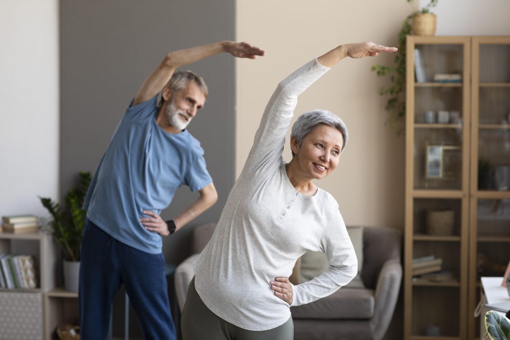 a man and woman exercising to make their urinary urgency problems better.
